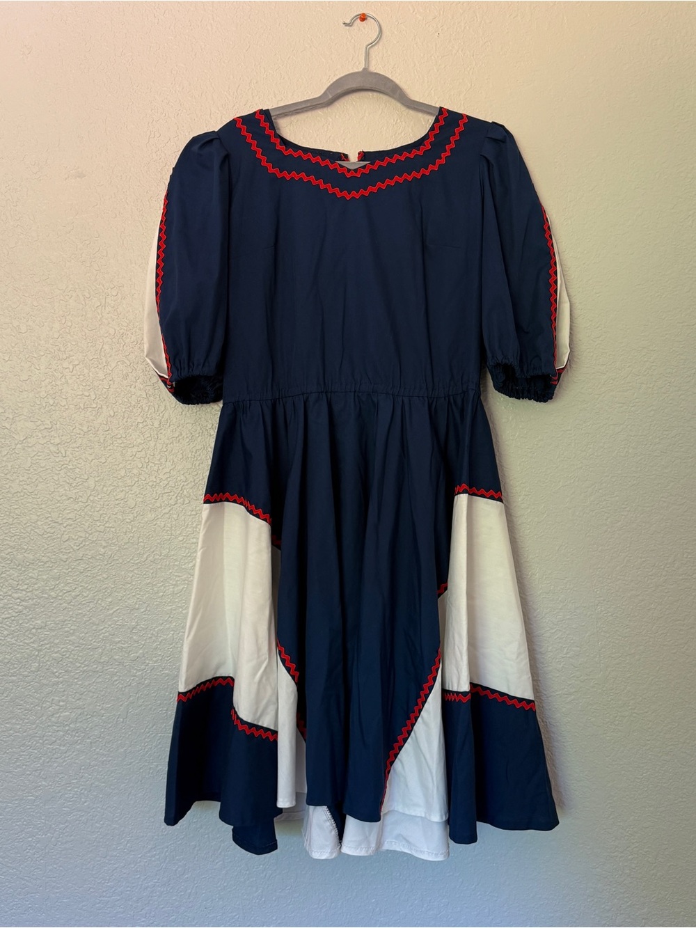 Vintage Navy and White Square Dance Dress with Red Ric-Rac Trim